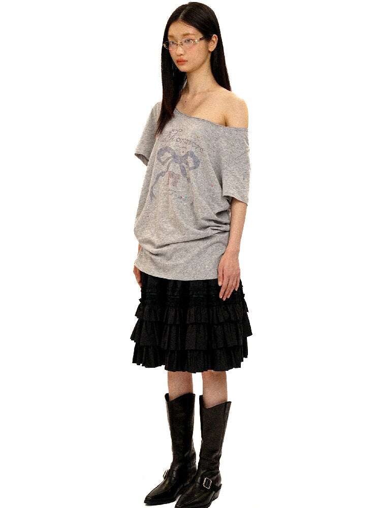 Bow Print Diamond Distressed Tee【s0000016425】