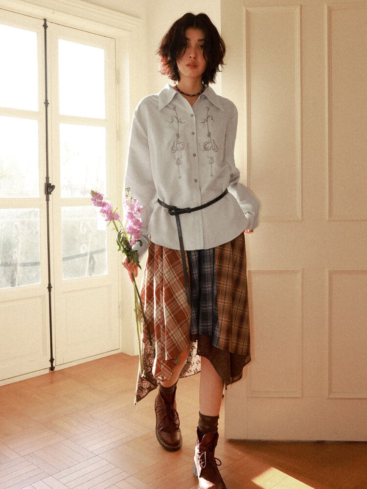 Suede Embroidered Lantern Sleeve Top【s0000015461】