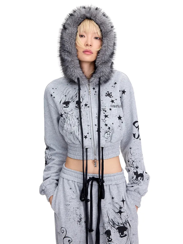 Angel Girl Doodle Print Short Hoodie【s0000014090】