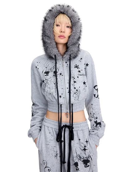 Angel Girl Doodle Print Short Hoodie【s0000014090】