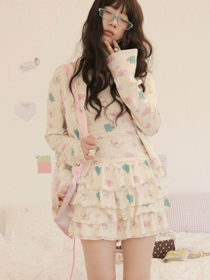 Cat Rose Print Cardigan Camisole Set【s0000017509】