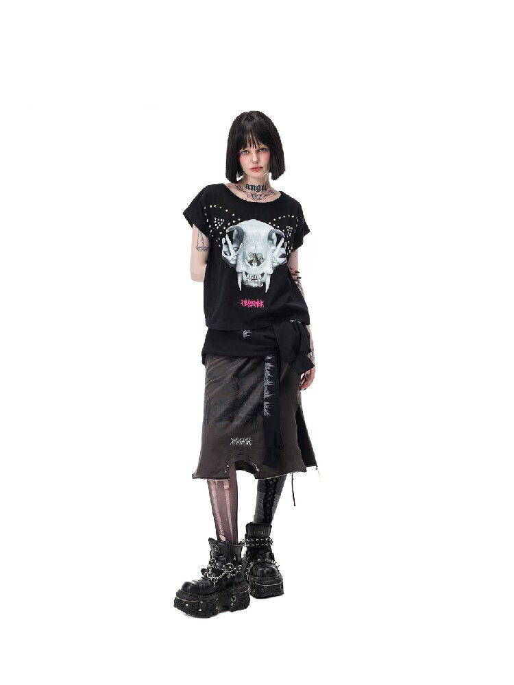 Cat Bone Print Riveted T-Shirt【s0000017714】