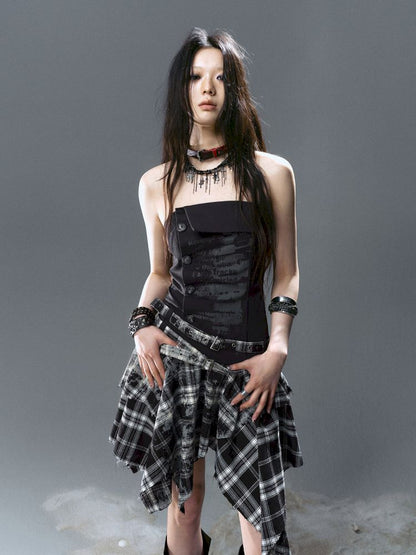 Asymmetrical patchwork plaid strapless dress【s0000012808】