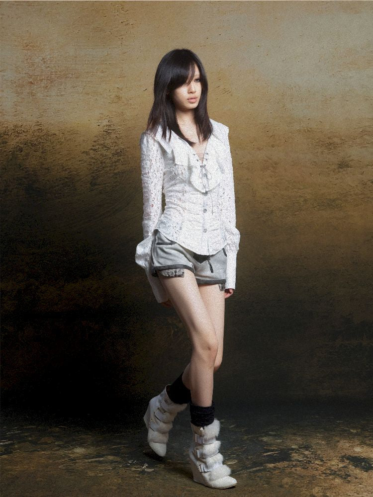 Ruffle Double Layer Collar Slim Shirt【s0000011814】