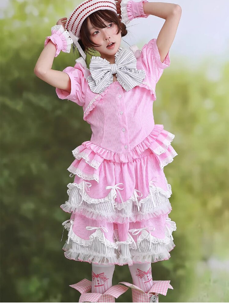 Pink Striped Lolita Puffy Skirt【s0000016560】