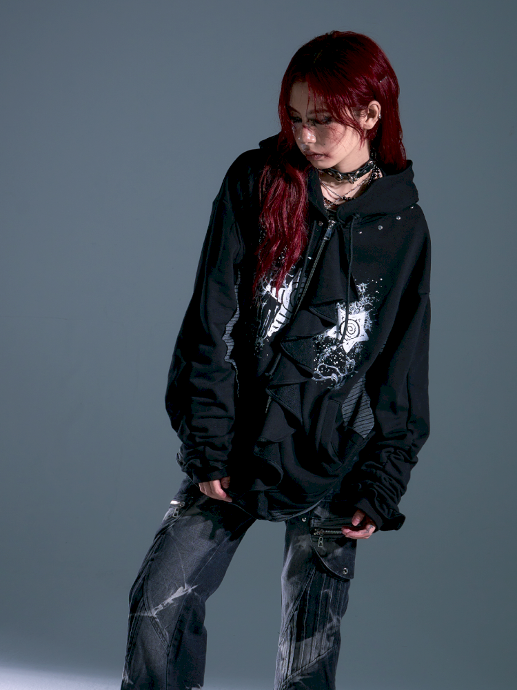 Ruffled Print Hoodie Cardigan【s0000013917】
