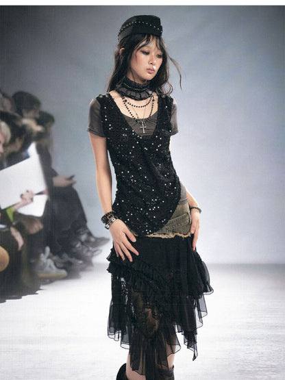 Lace Patchwork Irregular Mesh Skirt【s0000015449】