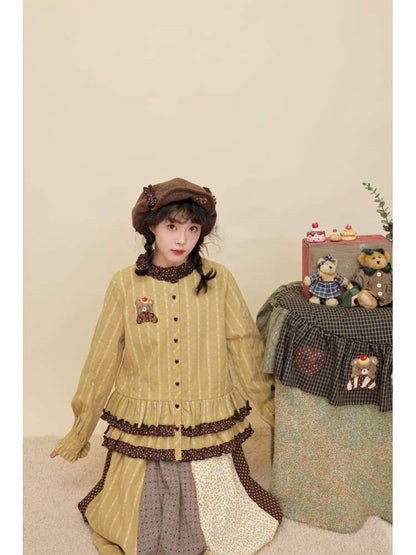 Vintage Girly Lace Bear Turmeric Shirt【s0000014839】