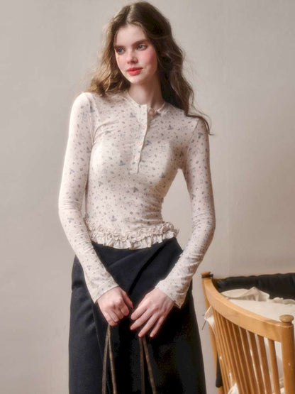 Comfortable Cotton Crew Neck Slim Lace Hem Top【s0000014895】