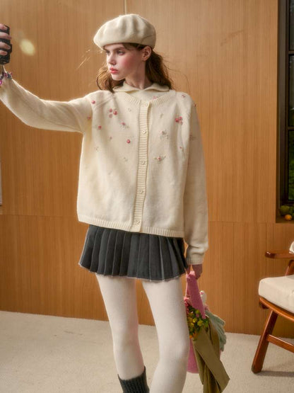 Wool Hand-Embroidered Flower Sweater Cardigan【s0000014891】