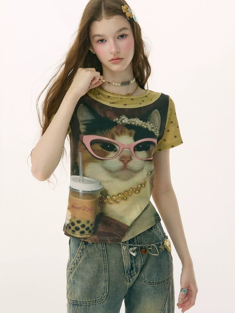 Retro Vintage Cat Print T-Shirt【s0000016855】