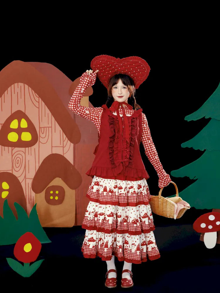 Multi-Layer Printed Red Checkered Cake Skirt【s0000013937】