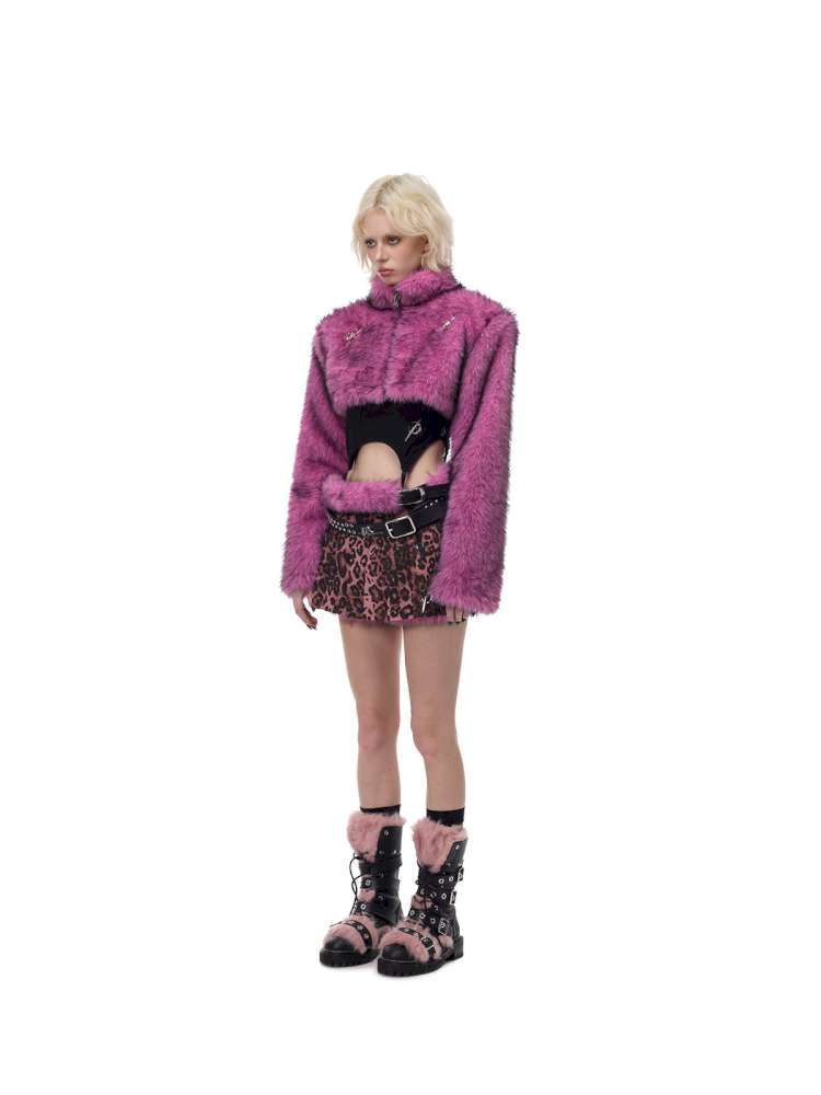 Pink Leopard Furry Miniskirt【s0000015126】