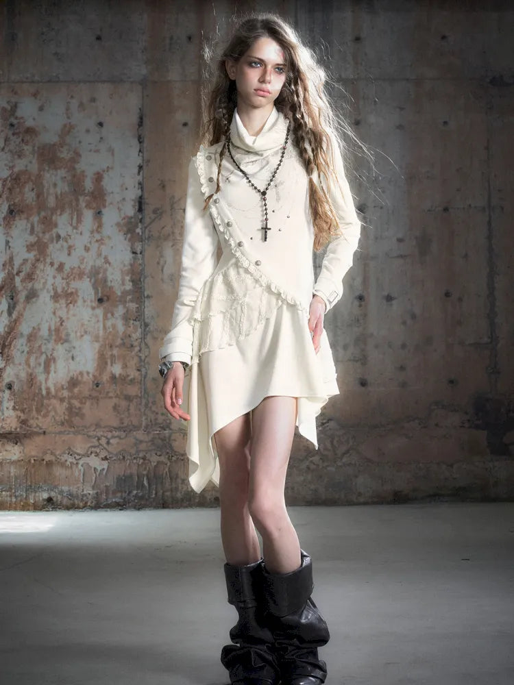 Asymmetric Collar Long-Sleeve Dress【s0000013960】