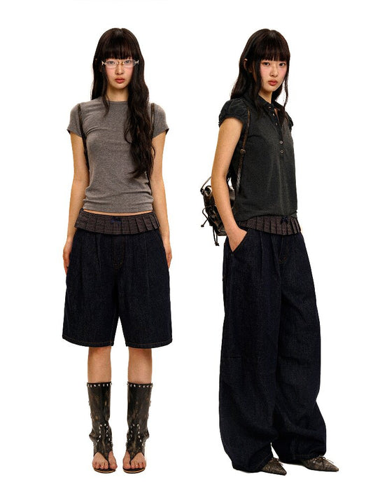 Pleated Plaid Straight Leg Jeans【s0000017912】