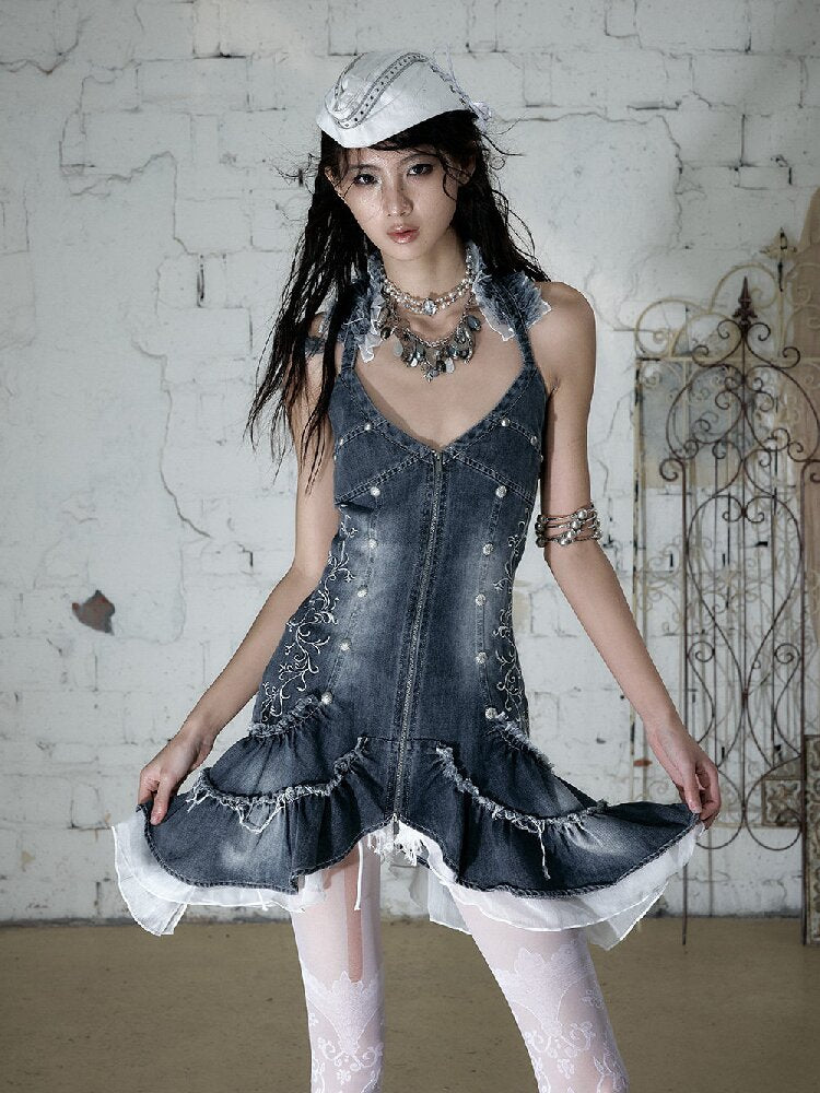 Court Embroidered Denim Mermaid Dress【s0000016983】