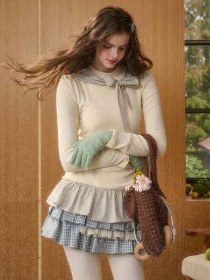 Organic Cotton Lake Blue Spliced Pleated Skirt【s0000014889】