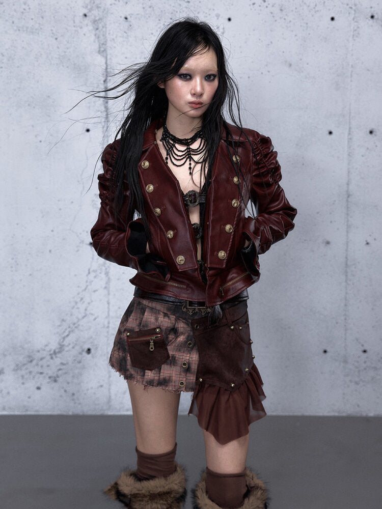 Plaid Stitching Leather Skirt【s0000015546】