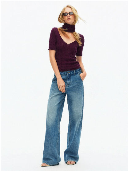 Cut Out Cable V-Neck Knit Top【s0000015928】