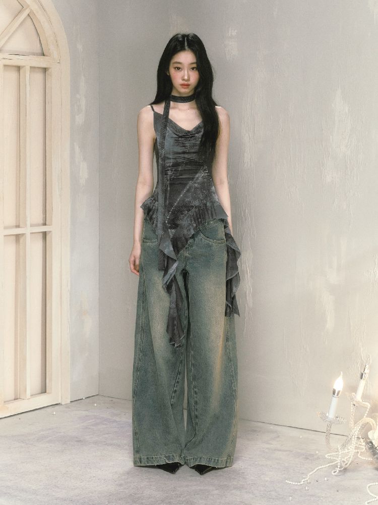 Wide-leg broken holes micro-laundry jeans【s0000012140】