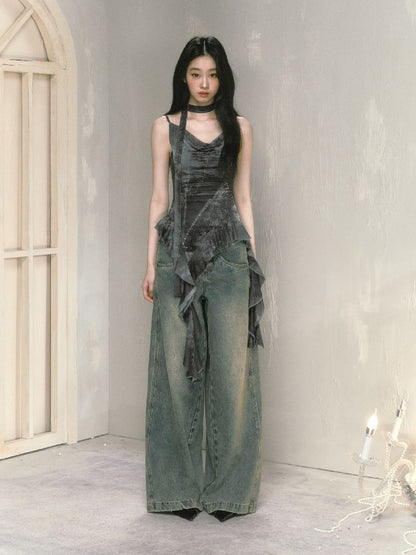Wide-leg broken holes micro-laundry jeans【s0000012140】