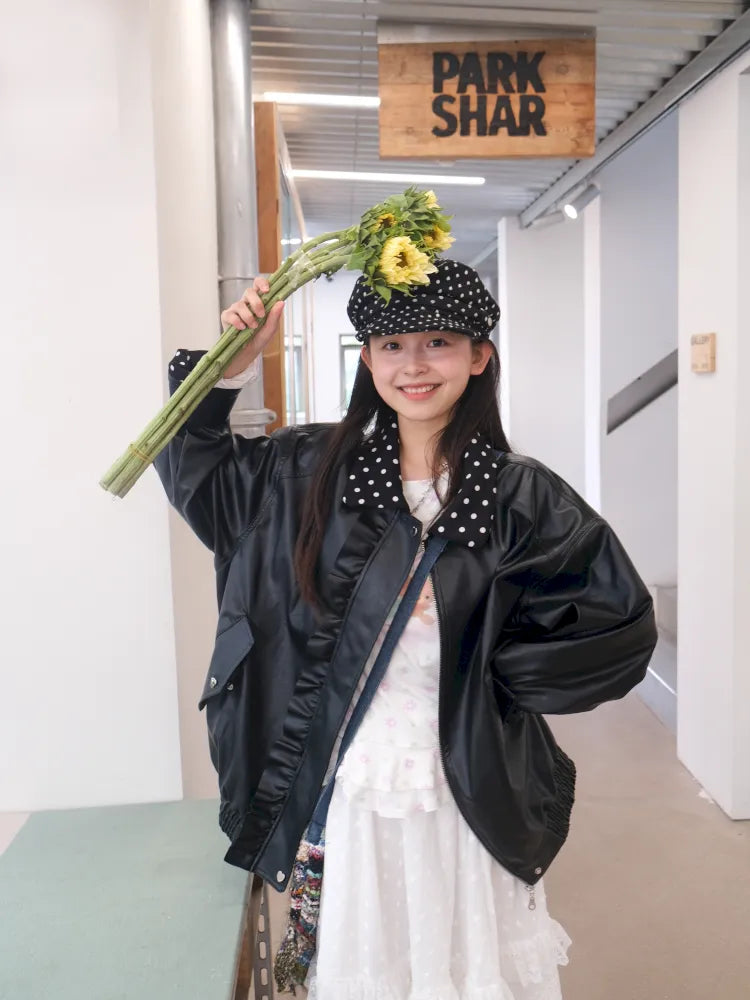 Lace-Trimmed Oversized Leather Jacket【s0000014167】