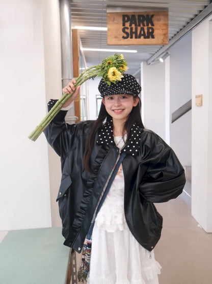 Lace-Trimmed Oversized Leather Jacket【s0000014167】