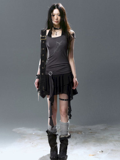 Chiffon ruffle patchwork off-the-shoulder dress【s0000012801】