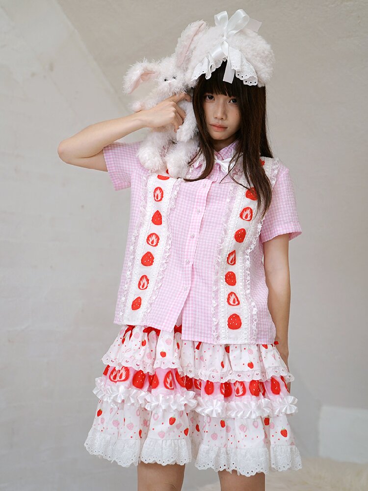 Plaid Lace Bow Short Sleeve Shirt【s0000018541】