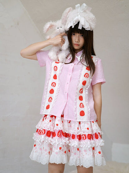 Plaid Lace Bow Short Sleeve Shirt【s0000018541】