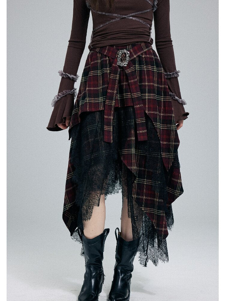 Damaged Plaid Lace Irregular Skirt【s0000016263】