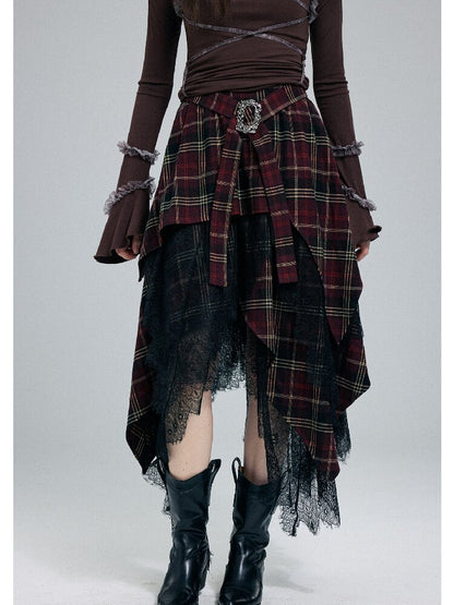 Damaged Plaid Lace Irregular Skirt【s0000016263】