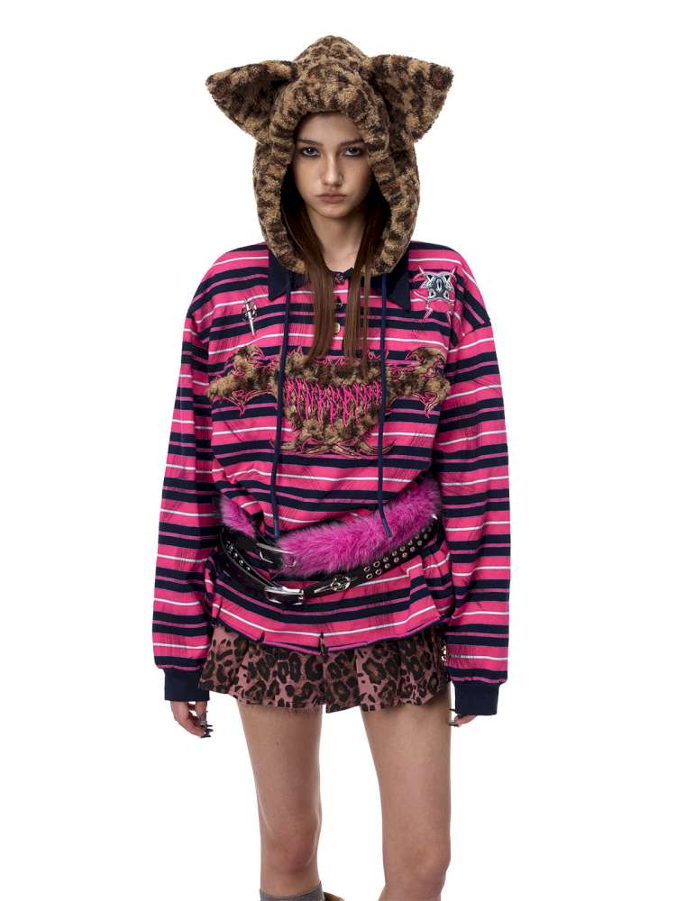 Pink Striped Leopard Cat Ear Hood【s0000015115】