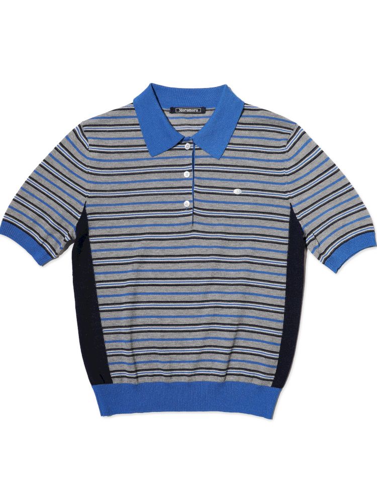Stripes polo collar short sleeve knit tops【s0000013436】