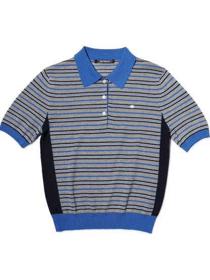 Stripes polo collar short sleeve knit tops【s0000013436】