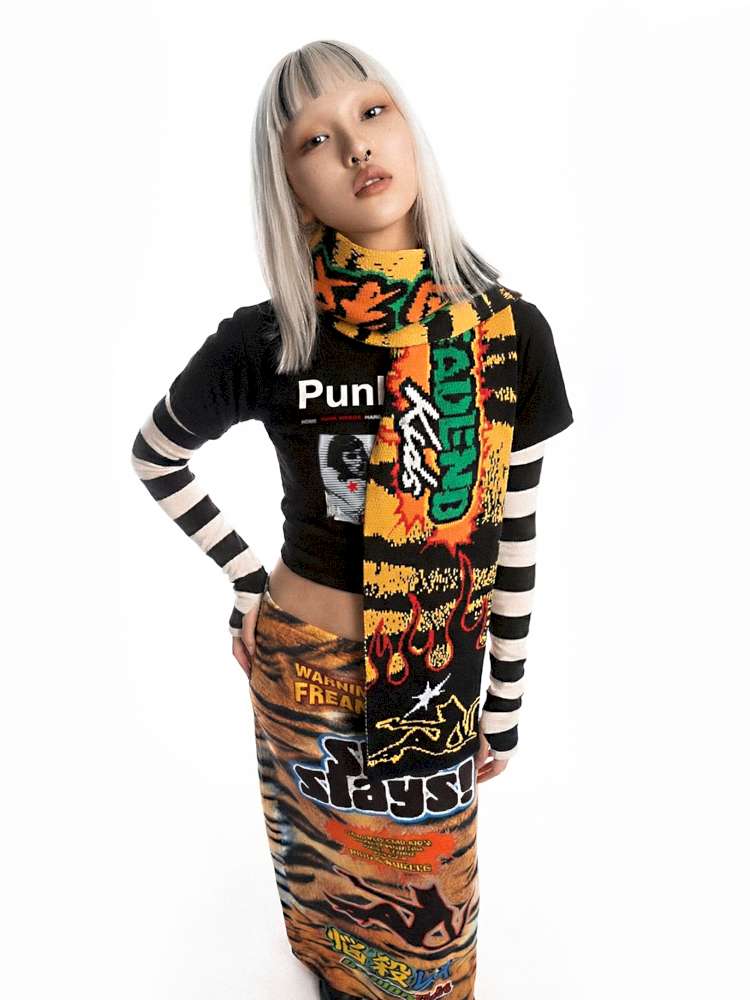 Tiger Print Knitted Scarf Contrast Y2K Trend【s0000014916】
