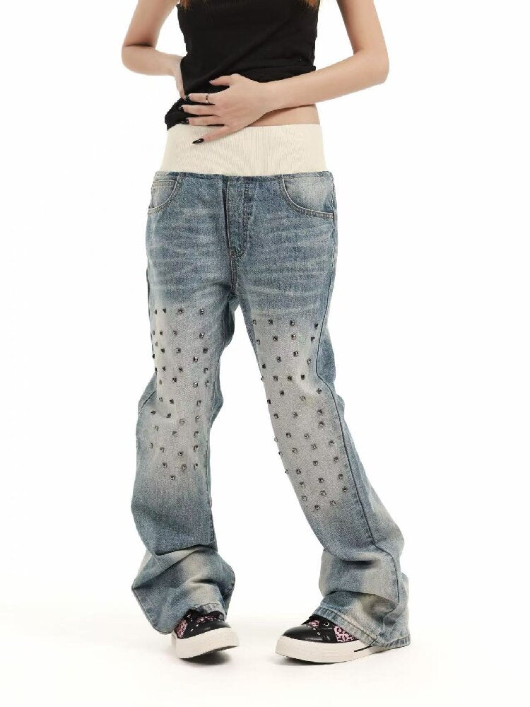 Patchwork Studded Straight Jeans【s0000018362】