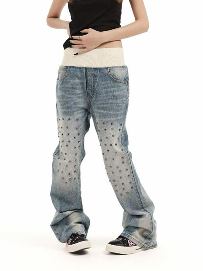 Patchwork Studded Straight Jeans【s0000018362】