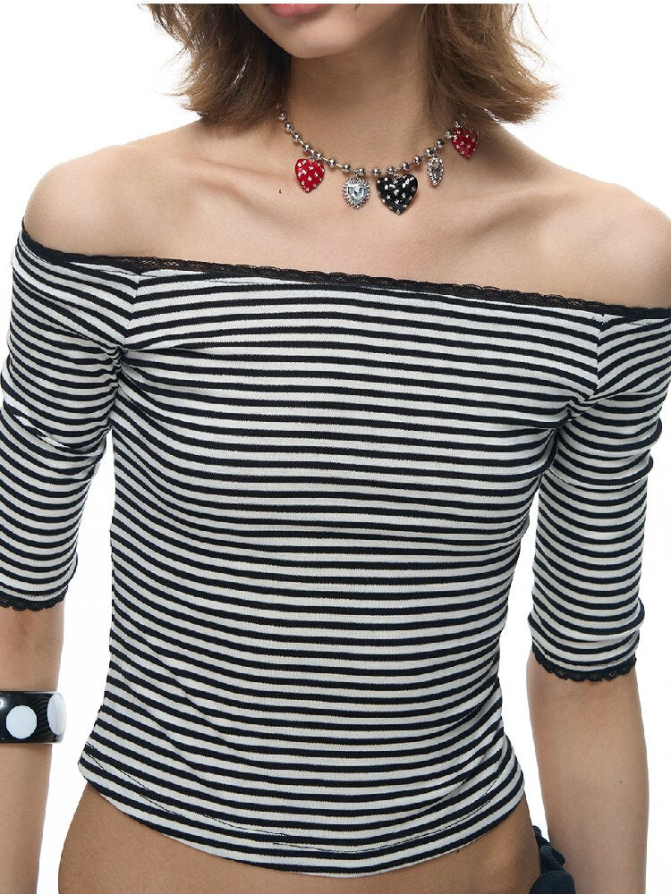 One Shoulder Striped Lace Bolero【s0000015884】