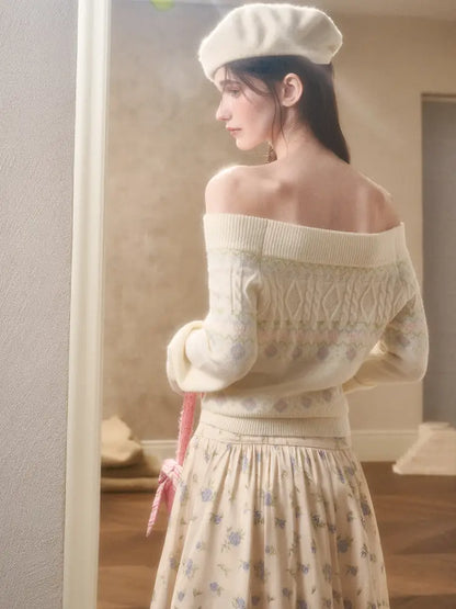 Fresh and Soft Cotton Sweater, Scarf, Floral Skirt【s0000014323】