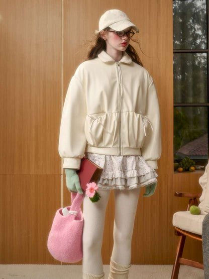 Cream Leather Doll Collar Leather Jacket【s0000014885】