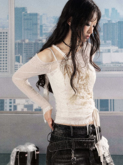Lace Print Slanted Shoulder Tee【s0000016270】