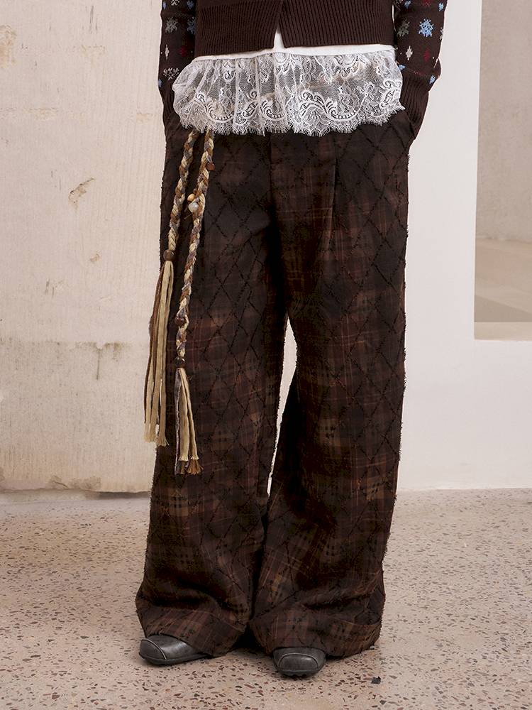 Textured straight leg loose plaid trousers【s0000014384】