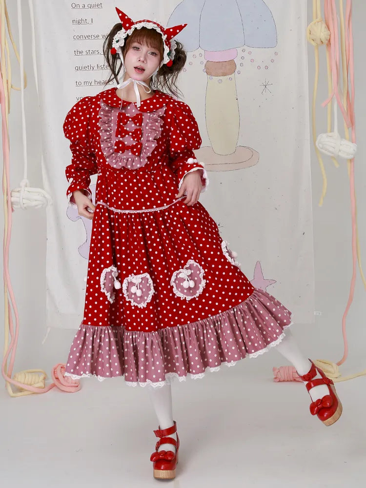 Lolita old-fashioned red polka dot niche dress【s0000014109】