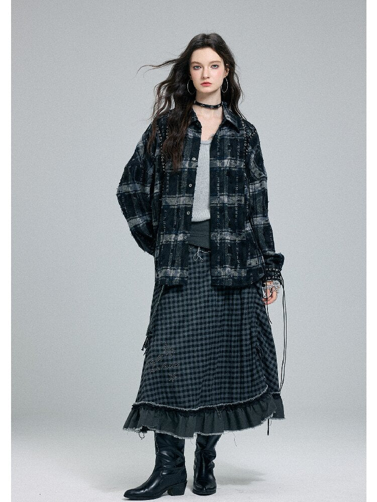 Plaid Strap Torn Long-Sleeved Shirt【s0000016258】
