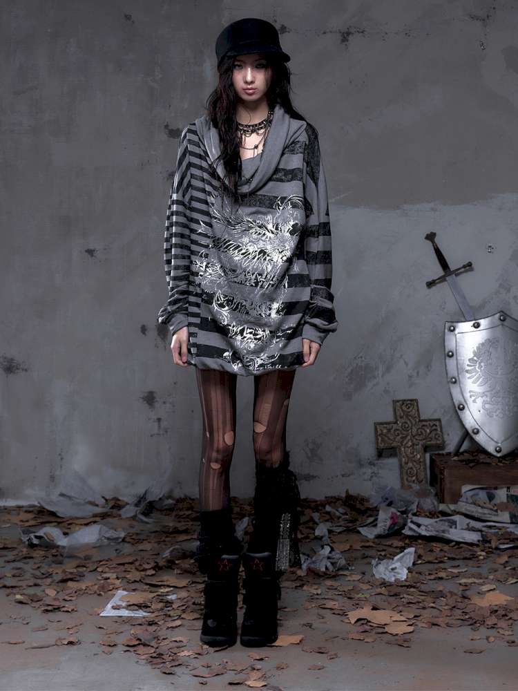 Striped Print Loose Bat Sleeve Dress【s0000014658】