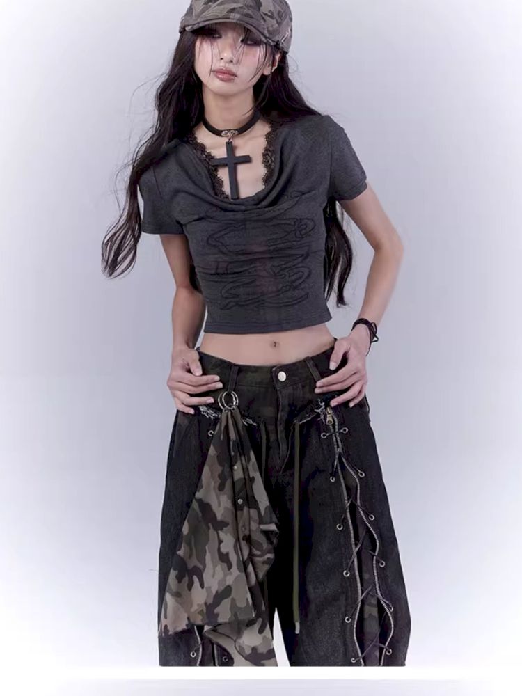 Openwork cross print lace T-shirt【s0000012847】