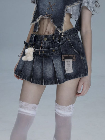 Washable gal niche denim bib culottes【s0000013490】