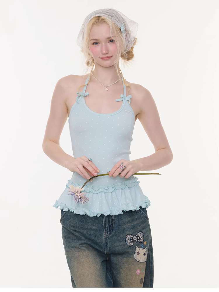 Lace Bow Polka Dot Halter Vest【s0000015432】