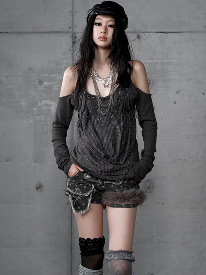 Off-Shoulder Long Sleeve Blouse【s0000014121】